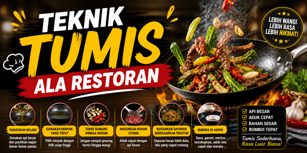 teknik tumis ala restoran dengan api besar dan bumbu harum
