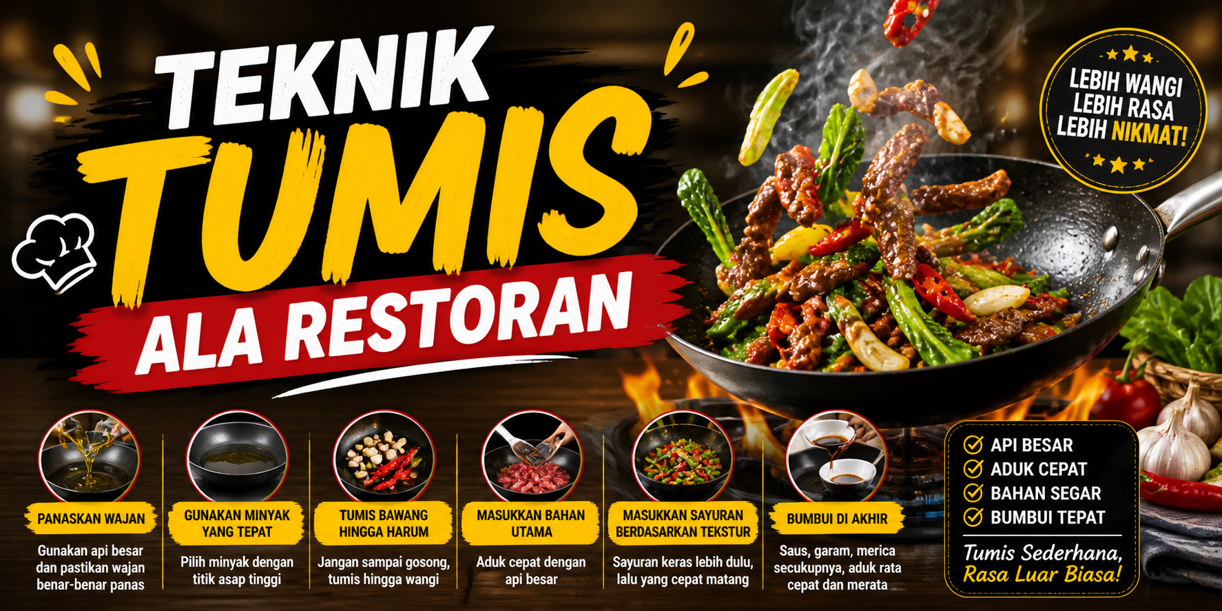 teknik tumis ala restoran dengan api besar dan bumbu harum