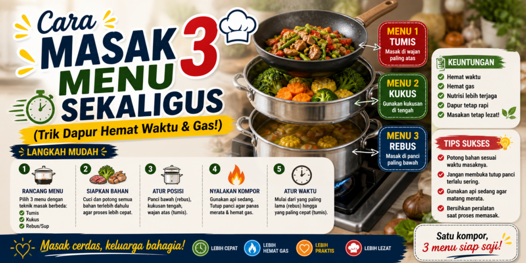 cara masak 3 menu sekaligus dengan teknik dapur efisien